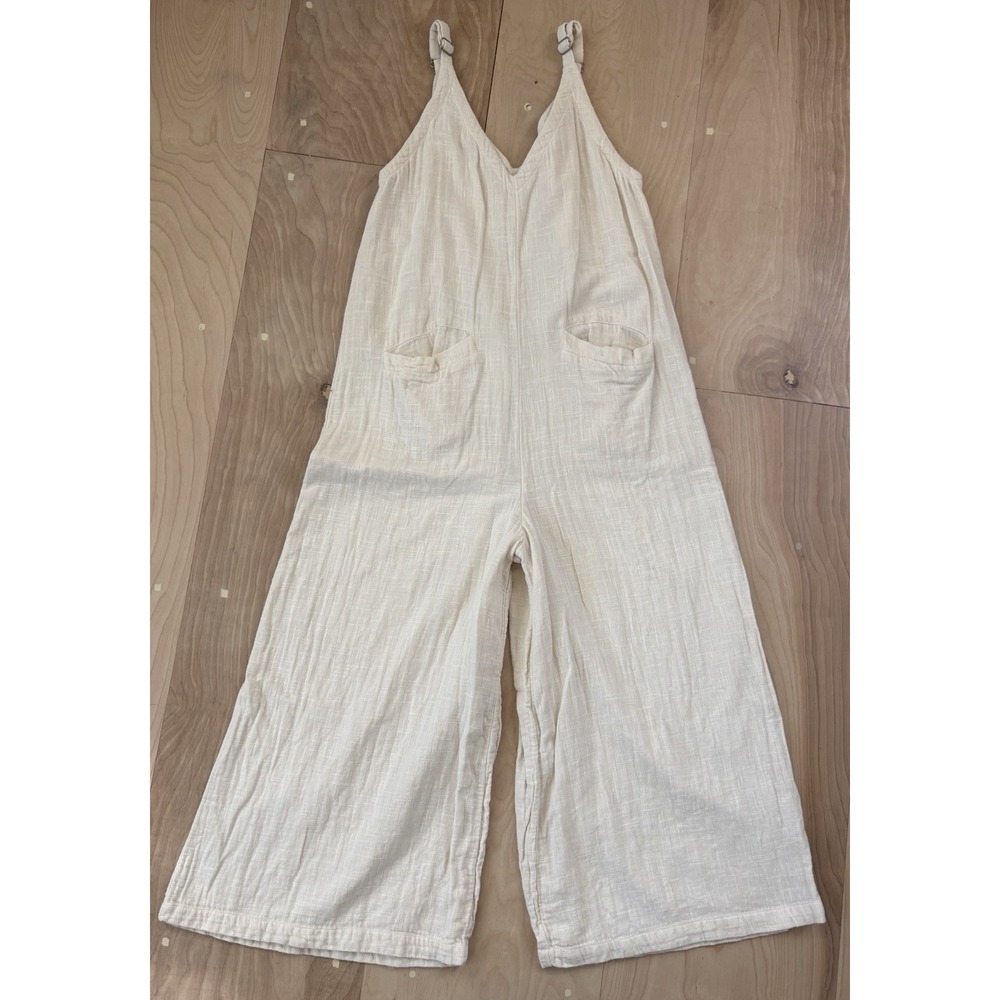 Natural Life Women's Ivory Cotton Wide-Leg Overall Jumpsuit Boho Pockets Size S